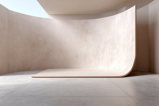 Curved seamless cyclorama studio wall empty photo backdrop neutral beige curved stage smooth plaster texture minimalist interior soft natural light