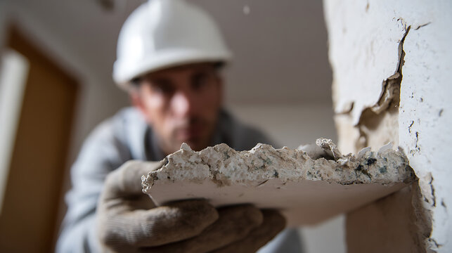 Skilled worker remove old plaster from damaged wall. Professional renovation, reconstruction or repair service concept, close up focus on hands
