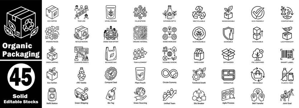 Organic packaging line icon set. Featuring sustainable carton designs, eco-friendly bottles, and compostable material vectors.