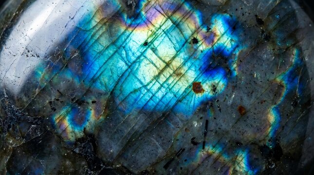 Labradorite gemstone reflecting iridescent blue light in macro view