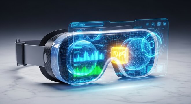 Virtual reality headset, futuristic VR goggles, blue neon glowing, technology gadget