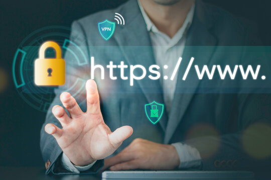 Businessman using keyboard with a virtual secure https address bar and padlock icon. Concept of internet security, cybersecurity network protection, and encrypted data communication.
