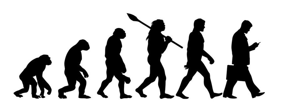 Human evolution steps: ape to businessman with smartphone