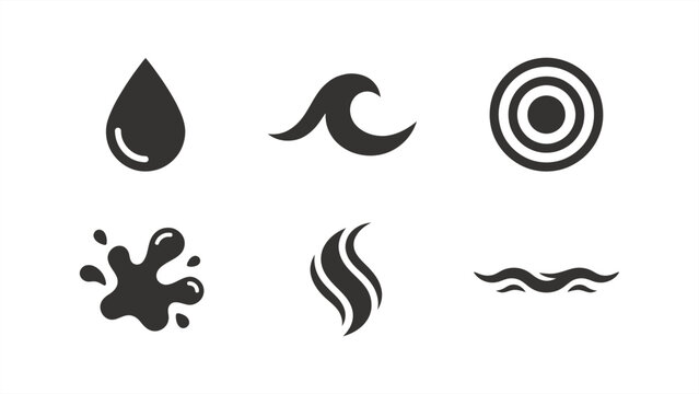 Water and liquid icons set. Vector silhouettes of water drop, ocean wave, splash, steam, ripple, and flow symbols isolated on a white background.