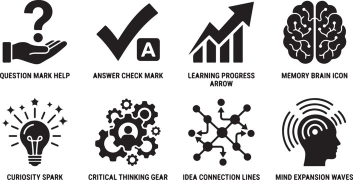Education icons, learning symbols, brain concept illustrations, thinking process graphics, 8 educational icons