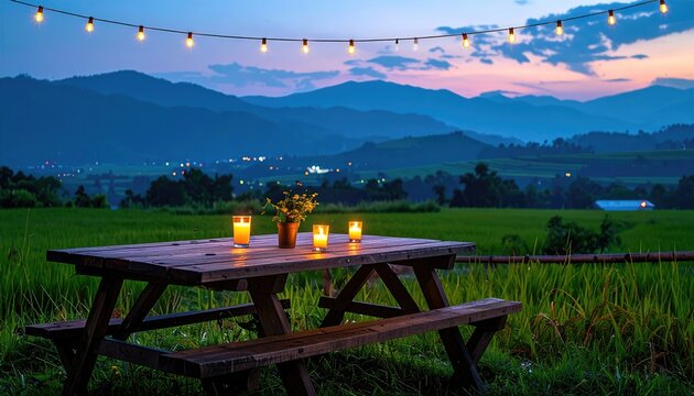 Cozy picnic table with candles under string lights, rural twilight vista