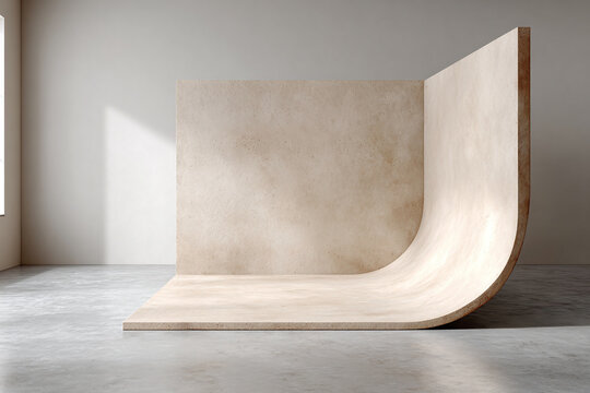 Empty beige cyclorama studio backdrop with curved seamless wall and floor, soft natural light, minimal interior scene for product or portrait photography, neutral textured plaster surface