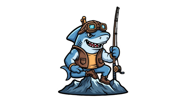 Whimsical cartoon shark wearing aviator and fishing gear.