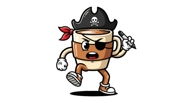 Playful Pirate Coffee Cup Cartoon Character Running.