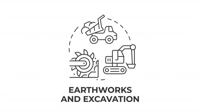 Earthworks and excavation line concept icon animation. Heavy civil construction operations. Industrial earthmoving equipment. Animated outline round motion graphic. Minimal HD video with alpha channel