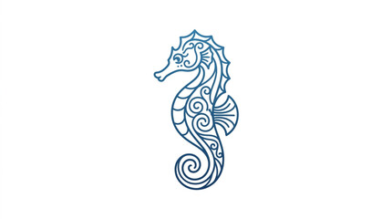 Ornate Blue Seahorse Illustration with Swirls. © Ibrahim