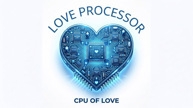 A heart-shaped computer processor with the words 'Love Processor' and 'CPU of Love' on a white background