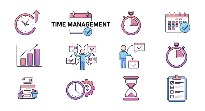 Time management concept illustration with clocks calendars and checklists