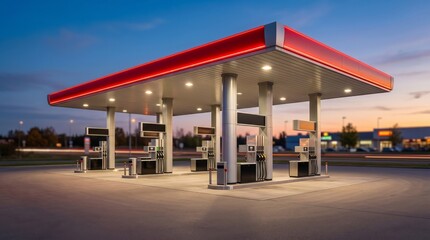 Obraz premium A gas station stands in view during twilight. The lighting highlights the gas pumps and surrounding area. Cars pass by on the road. The setting is typical for evening travel needs