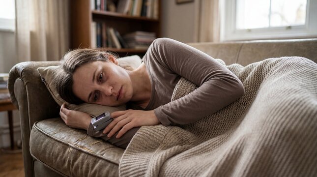 mental health anxiety exhausted woman couch burnout depression wide lifestyle perspective compassionate care context young adult curled under blanket conveys burnout emotional overload fatigue and