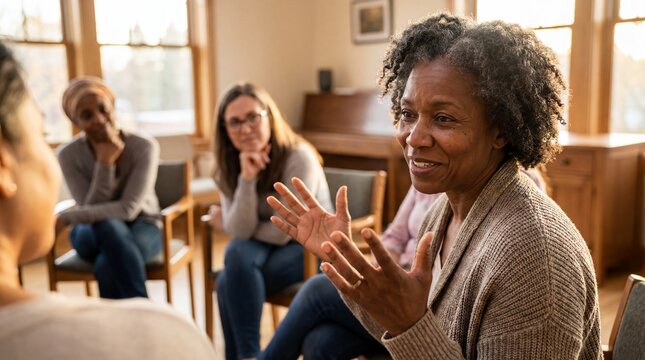mental health wellness menopause support group women community calm personal closeup personal recovery concept women listening in circle show peer support midlife health advocacy shared experience and