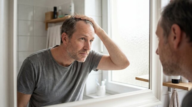 mental health body confidence man mirror self examination wide lifestyle perspective compassionate care context middle aged man checking reflection suggests aging anxiety self perception concern and