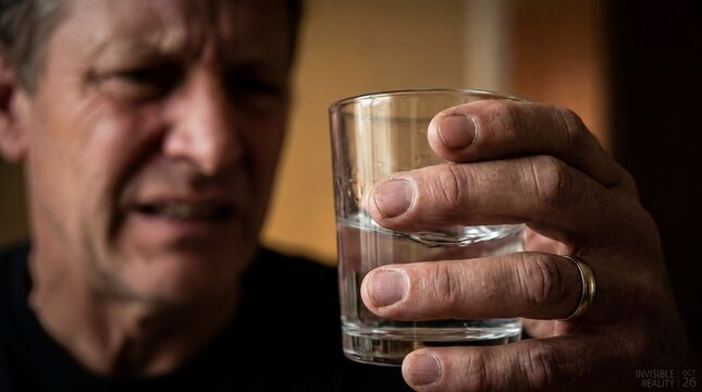 mental health anxiety tremor hand water glass stress soft clinical detail compassionate care context shaking fingers holding water convey nervous system strain fear vulnerability and need for medical