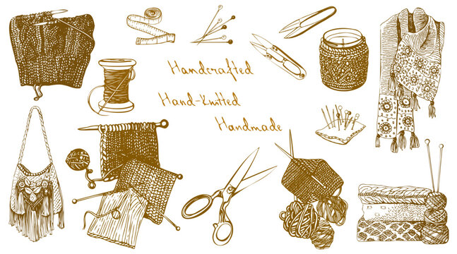 Hand drawn knitting and sewing elements set. Handmade craft tools, yarn balls, needles, scissors and knitted scarf line art vector illustration.