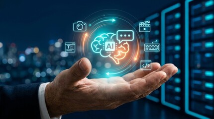 Fototapeta premium Multi AI agents concept with virtual chatbot icons and automation workflow, representing intelligent systems collaboration. AI agents concept, multi-tasking automation workflow on tech background