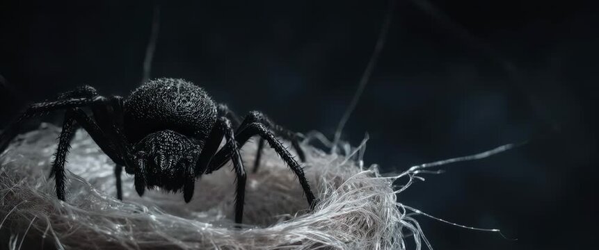 Faux spider with blood red lens flare on a silken nest