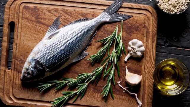 Pristine raw fish resting alongside aromatic rosemary, fragrant garlic cloves, and gleaming olive oil glass, capturing elegant culinary preparation in fluid slow motion sequence