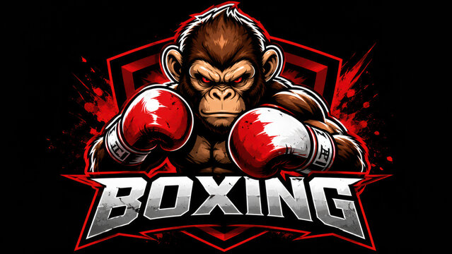 Fierce monkey boxer wearing red gloves with bold text illustration for sports team logo and club emblem