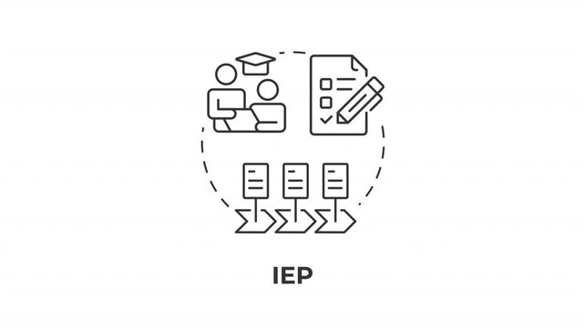 IEP line concept icon animation. Inclusive learning environment. Student support systems. Academic growth pathways. Animated outline round motion graphic. Minimal HD video with alpha channel