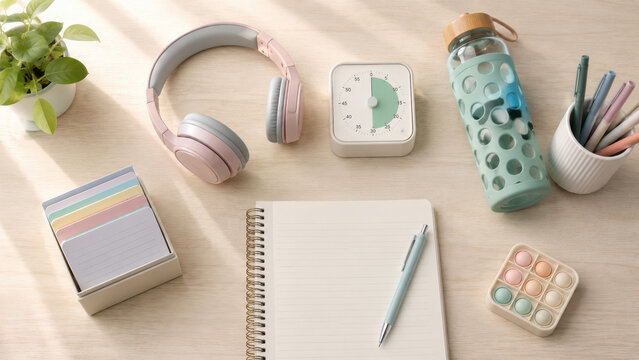 minimal pastel study focus setup with timer headphones notebook and fidgets
