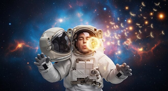 Astronaut Floating in Cosmic Nebula with Fiery Explosion.