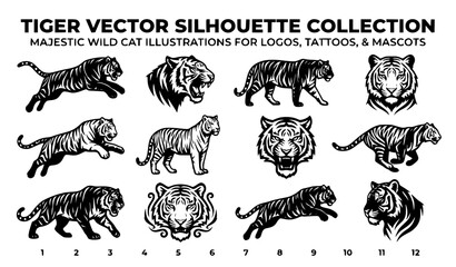Tiger Silhouette Collection with Dynamic Wild Cat Poses for Logo Mascot Tattoo and Branding Design © Shaariar