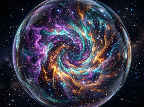 Vibrant cosmic nebula with swirling purple and orange gas clouds against a starry deep space background