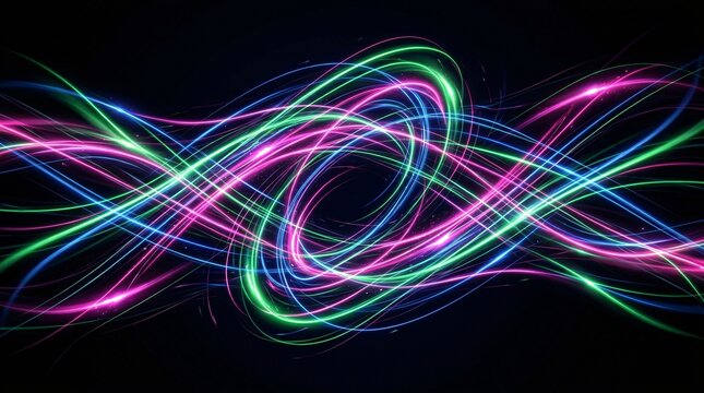 A vibrant abstract light design with colorful neon lines on a dark background