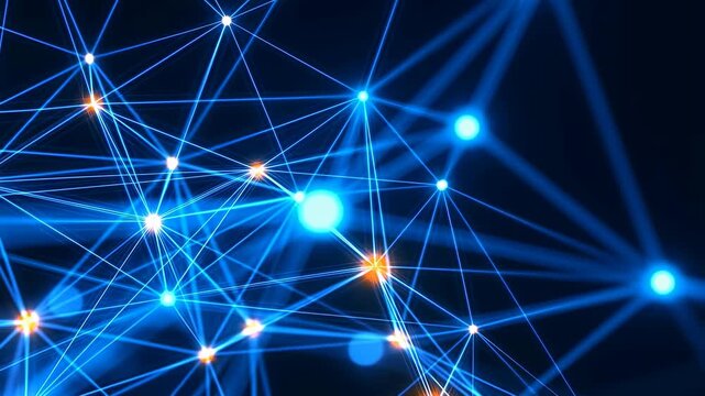 Abstract digital network connections with glowing nodes and lines. Visual representation of technology, data flow, and connectivity in the digital age