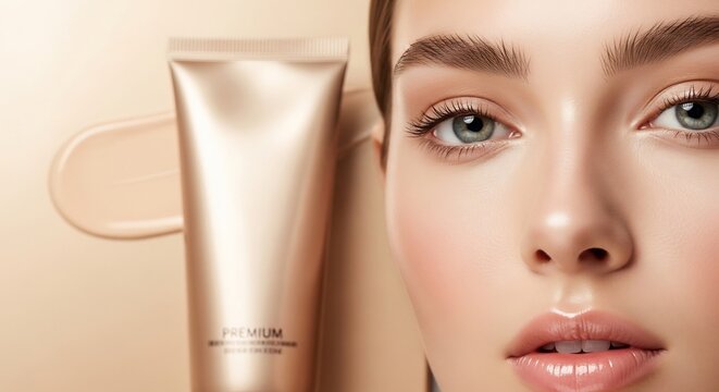 Close-up of a beautiful womans face with a cosmetic foundation tube.