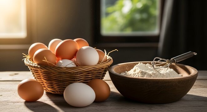 Farm fresh eggs in a wicker basket with flour and whisk for baki