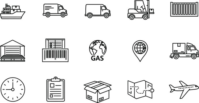 Logistics and transportation icons set shipping delivery warehousing and global trade visuals