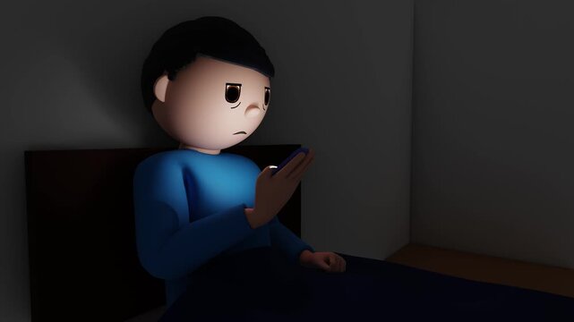 3D animation of a cartoon man doom scrolling in a dark room, in bed at night, while yawning, or engaging in revenge bedtime procrastination . 

