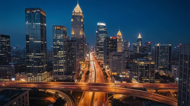 Firefly city skyline at dusk with illuminated skyscrapers and busy highways in a vibrant urban landscape