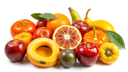 Fototapeta premium Assortment of ripe fresh fruits arranged artistically on white.