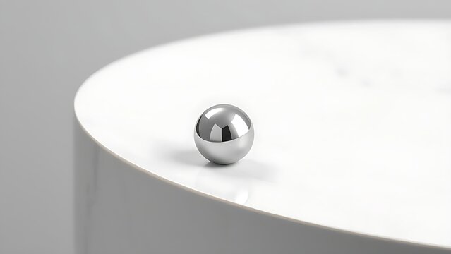 A polished silver ball rolling down a smooth white marble slope.
