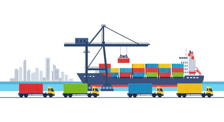 Container ship at port with crane loading trucks with cargo © Fu