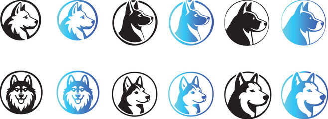Collection of stylized husky dog head in black and blue gradient within circles © MOHAMMADTORIQUL
