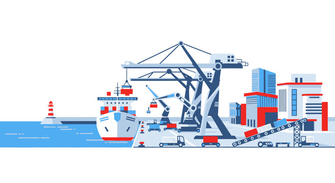 Cargo Ship Loading at Industrial Port with Cranes and Containers