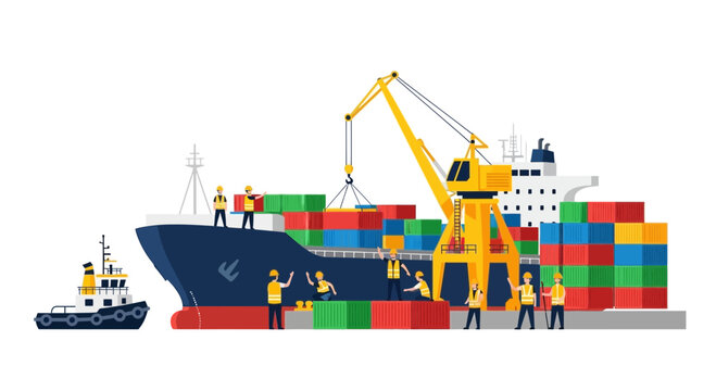 Cargo ship loading containers with crane and tugboat at port, logistics concept
