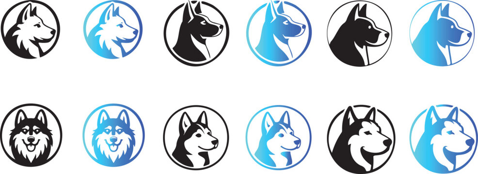 Collection of stylized husky dog head in black and blue gradient within circles