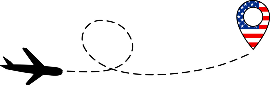 A black airplane silhouette flies along a dashed loop trajectory, a colorful pin pointer marks the final travel destination, the iconic American flag pattern fills the map location marker
