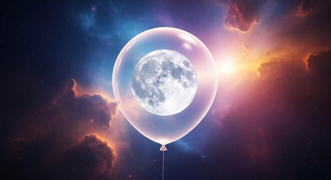 Surreal Moon Inside Balloon Floating in Cosmic Sky.