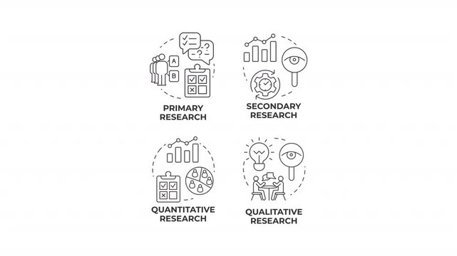 Market research frameworks line concept icons animation set. Strategic data collection methodologies. Animated outline round motion graphics. Minimal HD video pack with alpha channel
