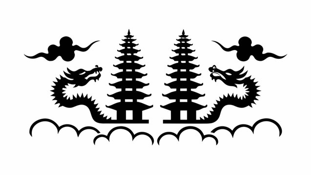 Giant origami dragons carry pagoda trees in silhouette vector illustration